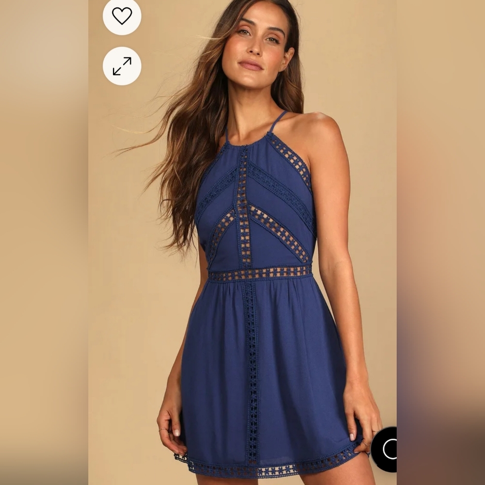 Lulus Navy Blue Crochet Lace Sleeveless Mini Dress, sz M